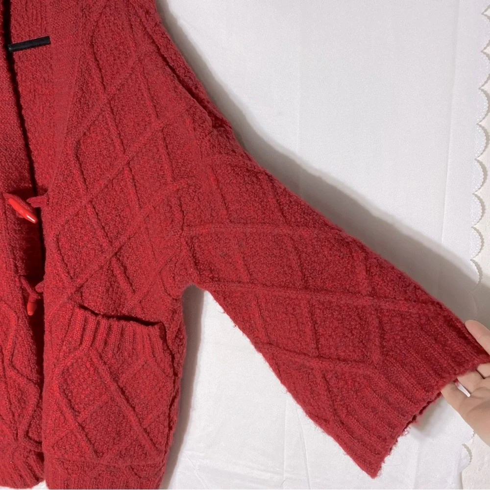 Vintage Oversized Red Chunky Textured Diamond Knit Cardigan Sweater W Toggles XL - Picture 7 of 14